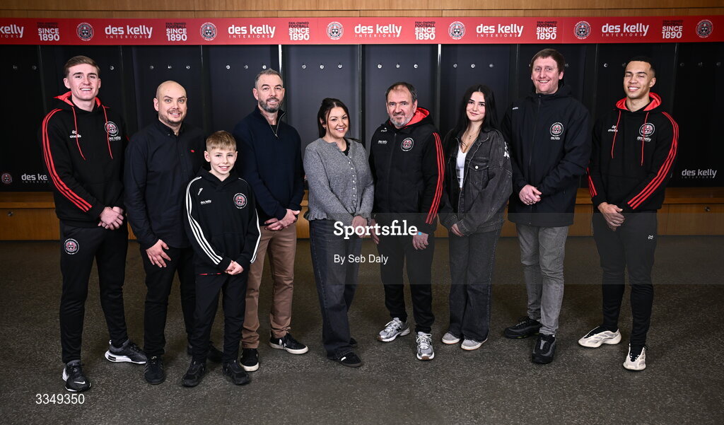 17 February 2026; In attendance at the announcement that Des Kelly Interiors have renewed their sponsorship of Bohemian FC are, from left, Bohemian FC player Cian Byrne, Des Kelly Interiors director Gerardo Kelly, Kaiden Kelly, Des Kelly Interiors managing director Greg Kelly, Des Kelly Interiors director Yolanda Kelly, Bohemian FC director of football Pat Fenlon, Abbie Blake, Bohemian FC chief commercial officer Daniel Lambert, and Bohemian FC player Douglas James-Taylor, at the Aviva Stadium in Dublin. Bohemian FC is delighted to confirm a three-year extension to our long-standing partnership with Des Kelly Interiors as the club’s main sponsor which is now agreed until the end of the 2028 season, a continuation of a relationship that now spans six decades. The renewed arrangement will see the Des Kelly Interiors name continue to be proudly displayed on the Bohs men’s teams home kit as well as adorning the jerseys of the club’s boys academy teams, extending their commitment to the wider Bohemian family. Photo by Seb Daly/Sportsfile