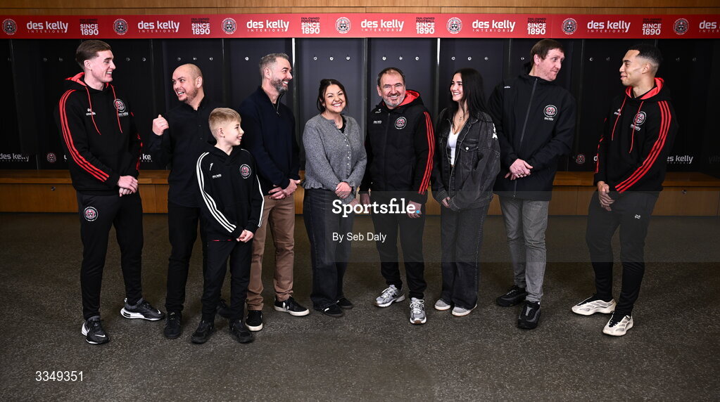 17 February 2026; In attendance at the announcement that Des Kelly Interiors have renewed their sponsorship of Bohemian FC are, from left, Bohemian FC player Cian Byrne, Des Kelly Interiors director Gerardo Kelly, Kaiden Kelly, Des Kelly Interiors managing director Greg Kelly, Des Kelly Interiors director Yolanda Kelly, Bohemian FC director of football Pat Fenlon, Abbie Blake, Bohemian FC chief commercial officer Daniel Lambert, and Bohemian FC player Douglas James-Taylor, at the Aviva Stadium in Dublin. Bohemian FC is delighted to confirm a three-year extension to our long-standing partnership with Des Kelly Interiors as the club’s main sponsor which is now agreed until the end of the 2028 season, a continuation of a relationship that now spans six decades. The renewed arrangement will see the Des Kelly Interiors name continue to be proudly displayed on the Bohs men’s teams home kit as well as adorning the jerseys of the club’s boys academy teams, extending their commitment to the wider Bohemian family. Photo by Seb Daly/Sportsfile