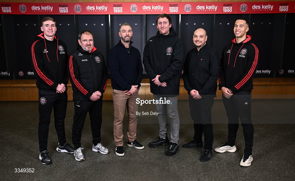 17 February 2026; In attendance at the announcement that Des Kelly Interiors have renewed their sponsorship of Bohemian FC are, from left, Bohemian FC player Cian Byrne, Bohemian FC director of football Pat Fenlon, Des Kelly Interiors managing director Greg Kelly, Bohemian FC chief commercial officer Daniel Lambert, Des Kelly Interiors director Gerardo Kelly, and Bohemian FC player Douglas James-Taylor, at the Aviva Stadium in Dublin. Bohemian FC is delighted to confirm a three-year extension to our long-standing partnership with Des Kelly Interiors as the club’s main sponsor which is now agreed until the end of the 2028 season, a continuation of a relationship that now spans six decades. The renewed arrangement will see the Des Kelly Interiors name continue to be proudly displayed on the Bohs men’s teams home kit as well as adorning the jerseys of the club’s boys academy teams, extending their commitment to the wider Bohemian family. Photo by Seb Daly/Sportsfile