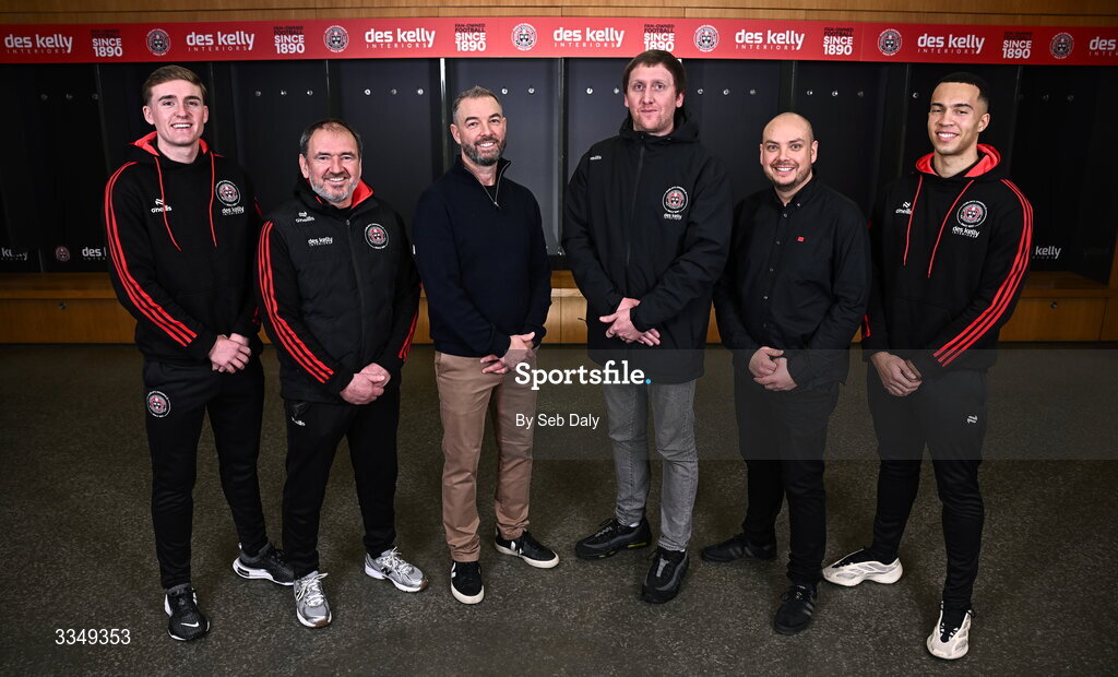 17 February 2026; In attendance at the announcement that Des Kelly Interiors have renewed their sponsorship of Bohemian FC are, from left, Bohemian FC player Cian Byrne, Bohemian FC director of football Pat Fenlon, Des Kelly Interiors managing director Greg Kelly, Bohemian FC chief commercial officer Daniel Lambert, Des Kelly Interiors director Gerardo Kelly, and Bohemian FC player Douglas James-Taylor, at the Aviva Stadium in Dublin. Bohemian FC is delighted to confirm a three-year extension to our long-standing partnership with Des Kelly Interiors as the club’s main sponsor which is now agreed until the end of the 2028 season, a continuation of a relationship that now spans six decades. The renewed arrangement will see the Des Kelly Interiors name continue to be proudly displayed on the Bohs men’s teams home kit as well as adorning the jerseys of the club’s boys academy teams, extending their commitment to the wider Bohemian family. Photo by Seb Daly/Sportsfile