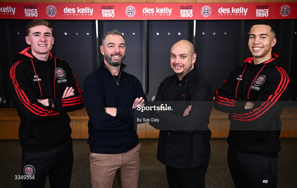 17 February 2026; In attendance at the announcement that Des Kelly Interiors have renewed their sponsorship of Bohemian FC are, from left, Bohemian FC player Cian Byrne, Des Kelly Interiors managing director Greg Kelly, Des Kelly Interiors director Gerardo Kelly, and Bohemian FC player Douglas James-Taylor, at the Aviva Stadium in Dublin. Bohemian FC is delighted to confirm a three-year extension to our long-standing partnership with Des Kelly Interiors as the club’s main sponsor which is now agreed until the end of the 2028 season, a continuation of a relationship that now spans six decades. The renewed arrangement will see the Des Kelly Interiors name continue to be proudly displayed on the Bohs men’s teams home kit as well as adorning the jerseys of the club’s boys academy teams, extending their commitment to the wider Bohemian family. Photo by Seb Daly/Sportsfile