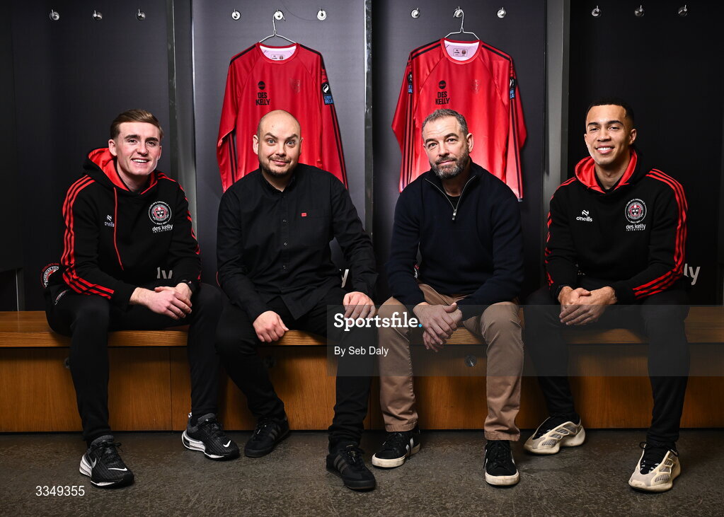 17 February 2026; In attendance at the announcement that Des Kelly Interiors have renewed their sponsorship of Bohemian FC are, from left, Bohemian FC player Cian Byrne, Des Kelly Interiors director Gerardo Kelly, Des Kelly Interiors managing director Greg Kelly, and Bohemian FC player Douglas James-Taylor, at the Aviva Stadium in Dublin. Bohemian FC is delighted to confirm a three-year extension to our long-standing partnership with Des Kelly Interiors as the club’s main sponsor which is now agreed until the end of the 2028 season, a continuation of a relationship that now spans six decades. The renewed arrangement will see the Des Kelly Interiors name continue to be proudly displayed on the Bohs men’s teams home kit as well as adorning the jerseys of the club’s boys academy teams, extending their commitment to the wider Bohemian family. Photo by Seb Daly/Sportsfile