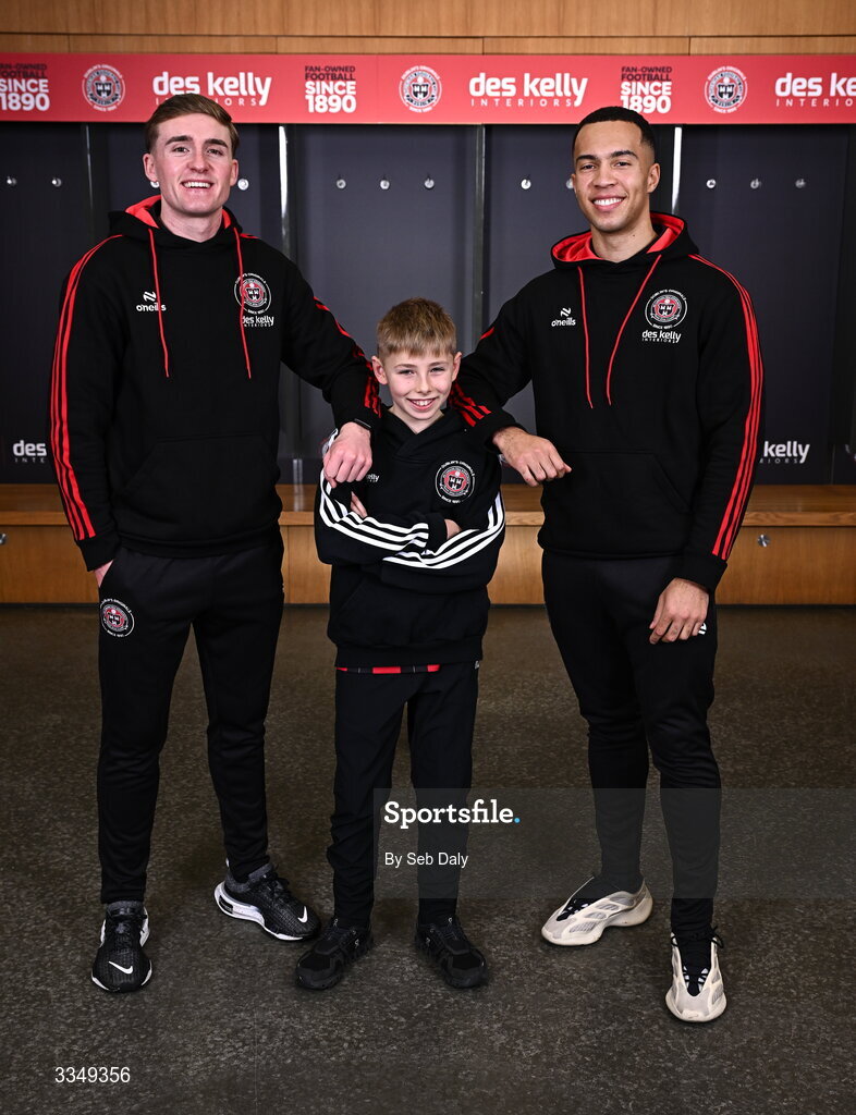 17 February 2026; In attendance at the announcement that Des Kelly Interiors have renewed their sponsorship of Bohemian FC are, from left, Bohemian FC player Cian Byrne, Kaiden Kelly, and Bohemian FC player Douglas James-Taylor, at the Aviva Stadium in Dublin. Bohemian FC is delighted to confirm a three-year extension to our long-standing partnership with Des Kelly Interiors as the club’s main sponsor which is now agreed until the end of the 2028 season, a continuation of a relationship that now spans six decades. The renewed arrangement will see the Des Kelly Interiors name continue to be proudly displayed on the Bohs men’s teams home kit as well as adorning the jerseys of the club’s boys academy teams, extending their commitment to the wider Bohemian family. Photo by Seb Daly/Sportsfile