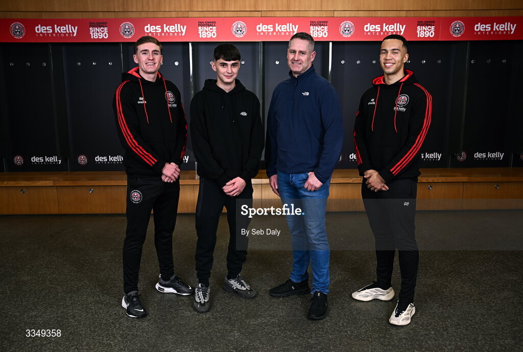 17 February 2026; In attendance at the announcement that Des Kelly Interiors have renewed their sponsorship of Bohemian FC are, from left, Bohemian FC player Cian Byrne, Jamie Blake, Fionnan Blake, and Bohemian FC player Douglas James-Taylor, at the Aviva Stadium in Dublin. Bohemian FC is delighted to confirm a three-year extension to our long-standing partnership with Des Kelly Interiors as the club’s main sponsor which is now agreed until the end of the 2028 season, a continuation of a relationship that now spans six decades. The renewed arrangement will see the Des Kelly Interiors name continue to be proudly displayed on the Bohs men’s teams home kit as well as adorning the jerseys of the club’s boys academy teams, extending their commitment to the wider Bohemian family. Photo by Seb Daly/Sportsfile
