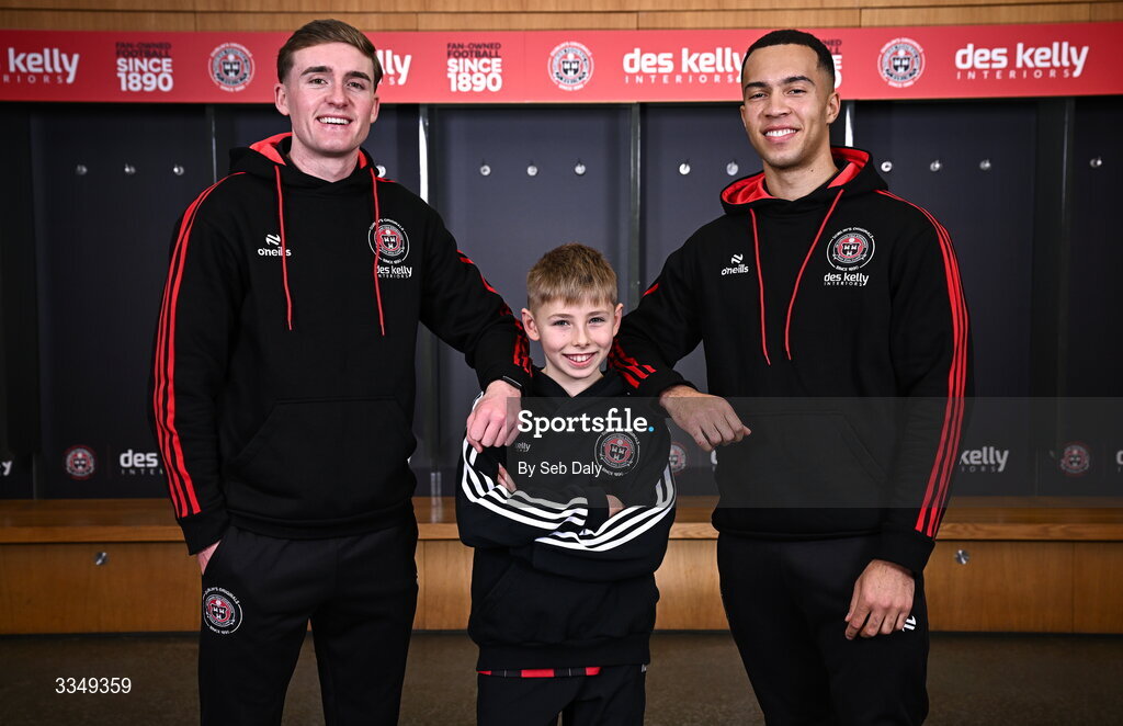 17 February 2026; In attendance at the announcement that Des Kelly Interiors have renewed their sponsorship of Bohemian FC are, from left, Bohemian FC player Cian Byrne, Kaiden Kelly, and Bohemian FC player Douglas James-Taylor, at the Aviva Stadium in Dublin. Bohemian FC is delighted to confirm a three-year extension to our long-standing partnership with Des Kelly Interiors as the club’s main sponsor which is now agreed until the end of the 2028 season, a continuation of a relationship that now spans six decades. The renewed arrangement will see the Des Kelly Interiors name continue to be proudly displayed on the Bohs men’s teams home kit as well as adorning the jerseys of the club’s boys academy teams, extending their commitment to the wider Bohemian family. Photo by Seb Daly/Sportsfile