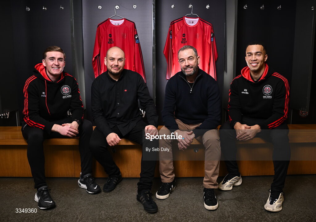 17 February 2026; In attendance at the announcement that Des Kelly Interiors have renewed their sponsorship of Bohemian FC are, from left, Bohemian FC player Cian Byrne, Des Kelly Interiors director Gerardo Kelly, Des Kelly Interiors managing director Greg Kelly, and Bohemian FC player Douglas James-Taylor, at the Aviva Stadium in Dublin. Bohemian FC is delighted to confirm a three-year extension to our long-standing partnership with Des Kelly Interiors as the club’s main sponsor which is now agreed until the end of the 2028 season, a continuation of a relationship that now spans six decades. The renewed arrangement will see the Des Kelly Interiors name continue to be proudly displayed on the Bohs men’s teams home kit as well as adorning the jerseys of the club’s boys academy teams, extending their commitment to the wider Bohemian family. Photo by Seb Daly/Sportsfile