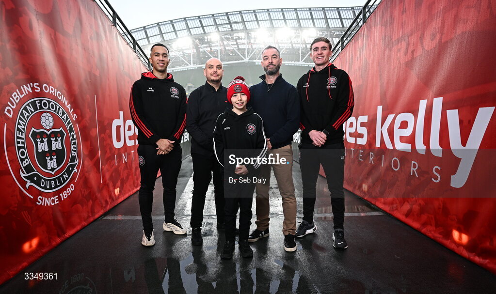 17 February 2026; In attendance at the announcement that Des Kelly Interiors have renewed their sponsorship of Bohemian FC are, from left, Bohemian FC player Douglas James-Taylor, Des Kelly Interiors director Gerardo Kelly, Kaiden Kelly, Des Kelly Interiors managing director Greg Kelly, and Bohemian FC player Cian Byrne, at the Aviva Stadium in Dublin. Bohemian FC is delighted to confirm a three-year extension to our long-standing partnership with Des Kelly Interiors as the club’s main sponsor which is now agreed until the end of the 2028 season, a continuation of a relationship that now spans six decades. The renewed arrangement will see the Des Kelly Interiors name continue to be proudly displayed on the Bohs men’s teams home kit as well as adorning the jerseys of the club’s boys academy teams, extending their commitment to the wider Bohemian family. Photo by Seb Daly/Sportsfile