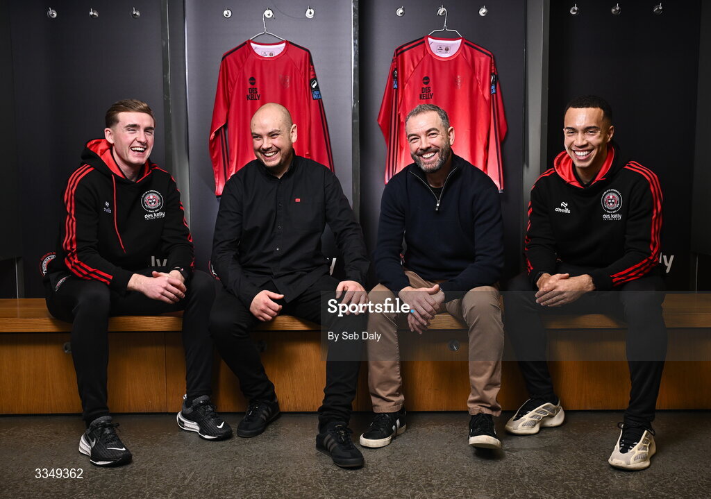 17 February 2026; In attendance at the announcement that Des Kelly Interiors have renewed their sponsorship of Bohemian FC are, from left, Bohemian FC player Cian Byrne, Des Kelly Interiors director Gerardo Kelly, Des Kelly Interiors managing director Greg Kelly, and Bohemian FC player Douglas James-Taylor, at the Aviva Stadium in Dublin. Bohemian FC is delighted to confirm a three-year extension to our long-standing partnership with Des Kelly Interiors as the club’s main sponsor which is now agreed until the end of the 2028 season, a continuation of a relationship that now spans six decades. The renewed arrangement will see the Des Kelly Interiors name continue to be proudly displayed on the Bohs men’s teams home kit as well as adorning the jerseys of the club’s boys academy teams, extending their commitment to the wider Bohemian family. Photo by Seb Daly/Sportsfile