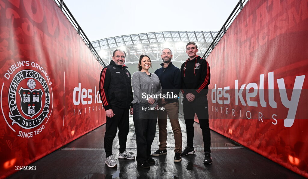 17 February 2026; In attendance at the announcement that Des Kelly Interiors have renewed their sponsorship of Bohemian FC are, from left, Bohemian FC director of football Pat Fenlon, Des Kelly Interiors director Yolanda Kelly, Des Kelly Interiors managing director Greg Kelly, and Bohemian FC player Cian Byrne, at the Aviva Stadium in Dublin. Bohemian FC is delighted to confirm a three-year extension to our long-standing partnership with Des Kelly Interiors as the club’s main sponsor which is now agreed until the end of the 2028 season, a continuation of a relationship that now spans six decades. The renewed arrangement will see the Des Kelly Interiors name continue to be proudly displayed on the Bohs men’s teams home kit as well as adorning the jerseys of the club’s boys academy teams, extending their commitment to the wider Bohemian family. Photo by Seb Daly/Sportsfile