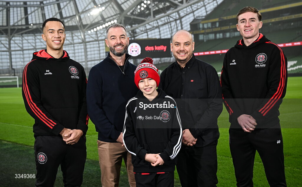 17 February 2026; In attendance at the announcement that Des Kelly Interiors have renewed their sponsorship of Bohemian FC are, from left, Bohemian FC player Douglas James-Taylor, Des Kelly Interiors managing director Greg Kelly, Kaiden Kelly, Des Kelly Interiors director Gerardo Kelly, and Bohemian FC player Cian Byrne, at the Aviva Stadium in Dublin. Bohemian FC is delighted to confirm a three-year extension to our long-standing partnership with Des Kelly Interiors as the club’s main sponsor which is now agreed until the end of the 2028 season, a continuation of a relationship that now spans six decades. The renewed arrangement will see the Des Kelly Interiors name continue to be proudly displayed on the Bohs men’s teams home kit as well as adorning the jerseys of the club’s boys academy teams, extending their commitment to the wider Bohemian family. Photo by Seb Daly/Sportsfile