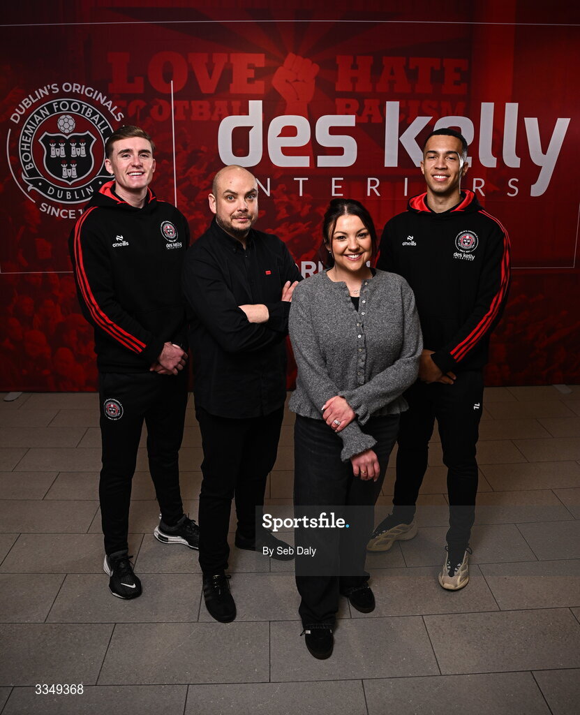 17 February 2026; In attendance at the announcement that Des Kelly Interiors have renewed their sponsorship of Bohemian FC are, from left, Bohemian FC player Cian Byrne, Des Kelly Interiors director Gerardo Kelly, Des Kelly Interiors director Yolanda Kelly, and Bohemian FC player Douglas James-Taylor, at the Aviva Stadium in Dublin. Bohemian FC is delighted to confirm a three-year extension to our long-standing partnership with Des Kelly Interiors as the club’s main sponsor which is now agreed until the end of the 2028 season, a continuation of a relationship that now spans six decades. The renewed arrangement will see the Des Kelly Interiors name continue to be proudly displayed on the Bohs men’s teams home kit as well as adorning the jerseys of the club’s boys academy teams, extending their commitment to the wider Bohemian family. Photo by Seb Daly/Sportsfile