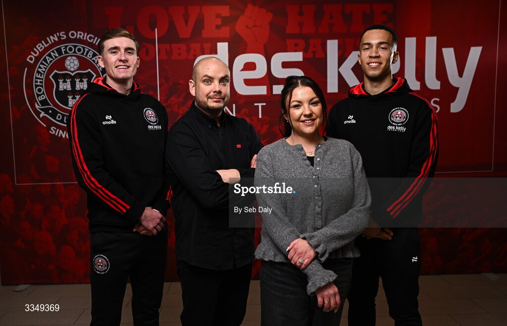 17 February 2026; In attendance at the announcement that Des Kelly Interiors have renewed their sponsorship of Bohemian FC are, from left, Bohemian FC player Cian Byrne, Des Kelly Interiors director Gerardo Kelly, Des Kelly Interiors director Yolanda Kelly, and Bohemian FC player Douglas James-Taylor, at the Aviva Stadium in Dublin. Bohemian FC is delighted to confirm a three-year extension to our long-standing partnership with Des Kelly Interiors as the club’s main sponsor which is now agreed until the end of the 2028 season, a continuation of a relationship that now spans six decades. The renewed arrangement will see the Des Kelly Interiors name continue to be proudly displayed on the Bohs men’s teams home kit as well as adorning the jerseys of the club’s boys academy teams, extending their commitment to the wider Bohemian family. Photo by Seb Daly/Sportsfile