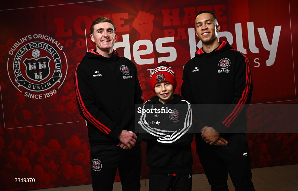 17 February 2026; In attendance at the announcement that Des Kelly Interiors have renewed their sponsorship of Bohemian FC are, from left, Bohemian FC player Cian Byrne, Kaiden Kelly, and Bohemian FC player Douglas James-Taylor, at the Aviva Stadium in Dublin. Bohemian FC is delighted to confirm a three-year extension to our long-standing partnership with Des Kelly Interiors as the club’s main sponsor which is now agreed until the end of the 2028 season, a continuation of a relationship that now spans six decades. The renewed arrangement will see the Des Kelly Interiors name continue to be proudly displayed on the Bohs men’s teams home kit as well as adorning the jerseys of the club’s boys academy teams, extending their commitment to the wider Bohemian family. Photo by Seb Daly/Sportsfile