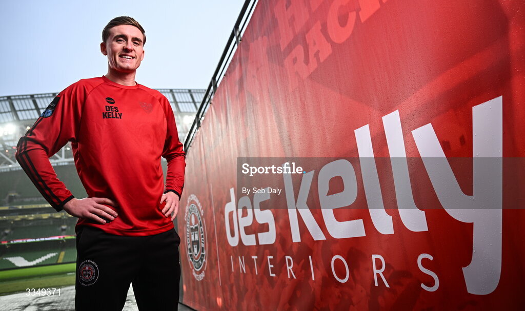 17 February 2026; In attendance at the announcement that Des Kelly Interiors have renewed their sponsorship of Bohemian FC is Bohemian FC player Cian Byrne, at the Aviva Stadium in Dublin. Bohemian FC is delighted to confirm a three-year extension to our long-standing partnership with Des Kelly Interiors as the club’s main sponsor which is now agreed until the end of the 2028 season, a continuation of a relationship that now spans six decades. The renewed arrangement will see the Des Kelly Interiors name continue to be proudly displayed on the Bohs men’s teams home kit as well as adorning the jerseys of the club’s boys academy teams, extending their commitment to the wider Bohemian family. Photo by Seb Daly/Sportsfile