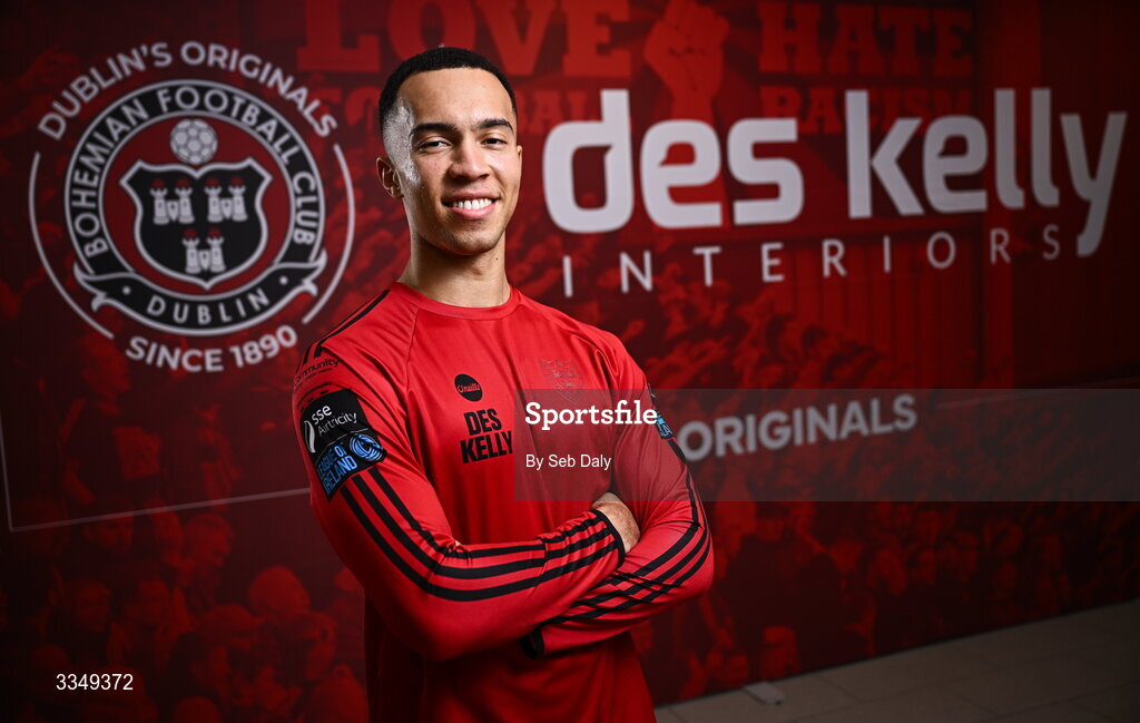17 February 2026; In attendance at the announcement that Des Kelly Interiors have renewed their sponsorship of Bohemian FC is Bohemian FC player Douglas James-Taylor, at the Aviva Stadium in Dublin. Bohemian FC is delighted to confirm a three-year extension to our long-standing partnership with Des Kelly Interiors as the club’s main sponsor which is now agreed until the end of the 2028 season, a continuation of a relationship that now spans six decades. The renewed arrangement will see the Des Kelly Interiors name continue to be proudly displayed on the Bohs men’s teams home kit as well as adorning the jerseys of the club’s boys academy teams, extending their commitment to the wider Bohemian family. Photo by Seb Daly/Sportsfile