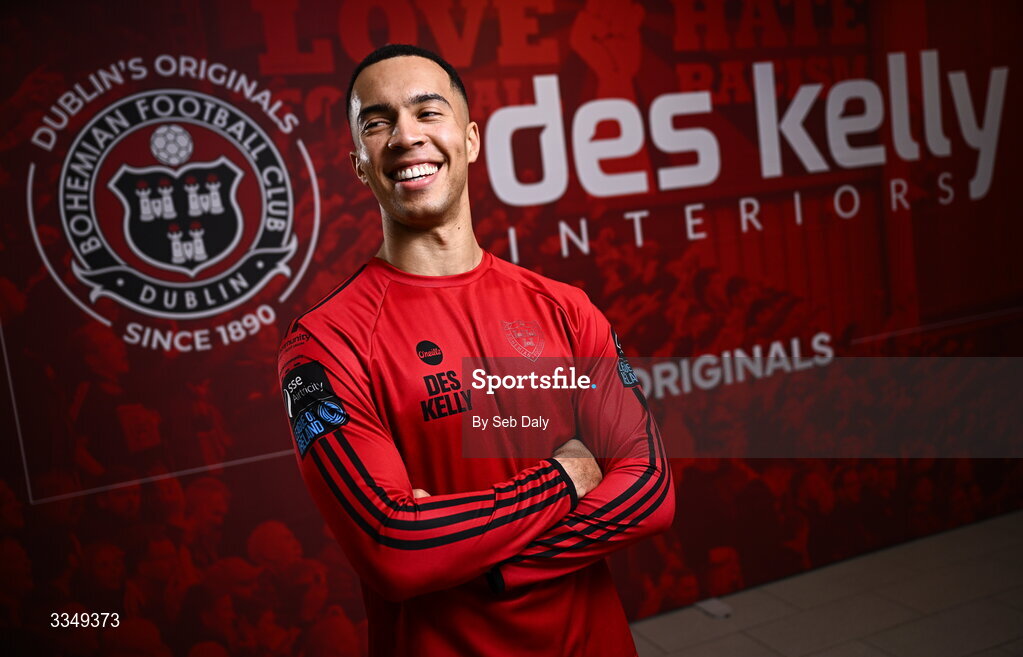 17 February 2026; In attendance at the announcement that Des Kelly Interiors have renewed their sponsorship of Bohemian FC is Bohemian FC player Douglas James-Taylor, at the Aviva Stadium in Dublin. Bohemian FC is delighted to confirm a three-year extension to our long-standing partnership with Des Kelly Interiors as the club’s main sponsor which is now agreed until the end of the 2028 season, a continuation of a relationship that now spans six decades. The renewed arrangement will see the Des Kelly Interiors name continue to be proudly displayed on the Bohs men’s teams home kit as well as adorning the jerseys of the club’s boys academy teams, extending their commitment to the wider Bohemian family. Photo by Seb Daly/Sportsfile