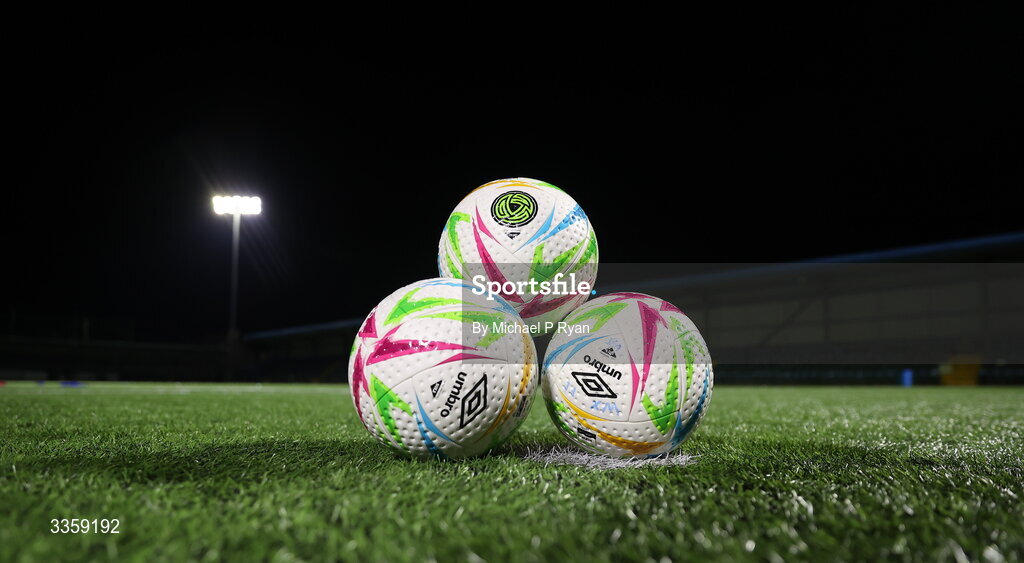 13 February 2026; Footballs are seen on the pitch before the SSE Airtricity Men's First Division match between Cobh Ramblers and Wexford at St Colman's Park in Cobh, Cork. Photo by Michael P Ryan/Sportsfile