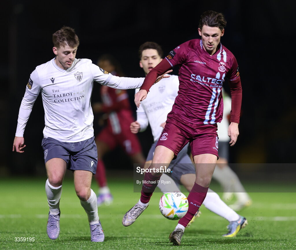 13 February 2026; Rhys Gourdie of Cobh Ramblers in action against Dylan Hand of Wexford during the SSE Airtricity Men's First Division match between Cobh Ramblers and Wexford at St Colman's Park in Cobh, Cork. Photo by Michael P Ryan/Sportsfile