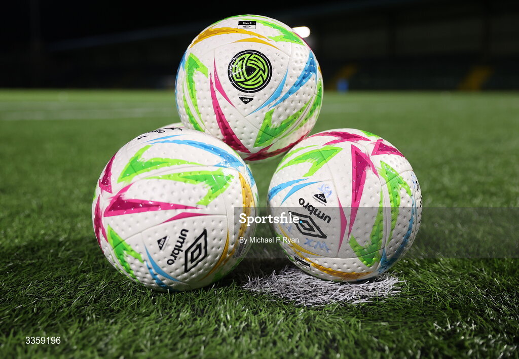 13 February 2026; Footballs are seen on the pitch before the SSE Airtricity Men's First Division match between Cobh Ramblers and Wexford at St Colman's Park in Cobh, Cork. Photo by Michael P Ryan/Sportsfile