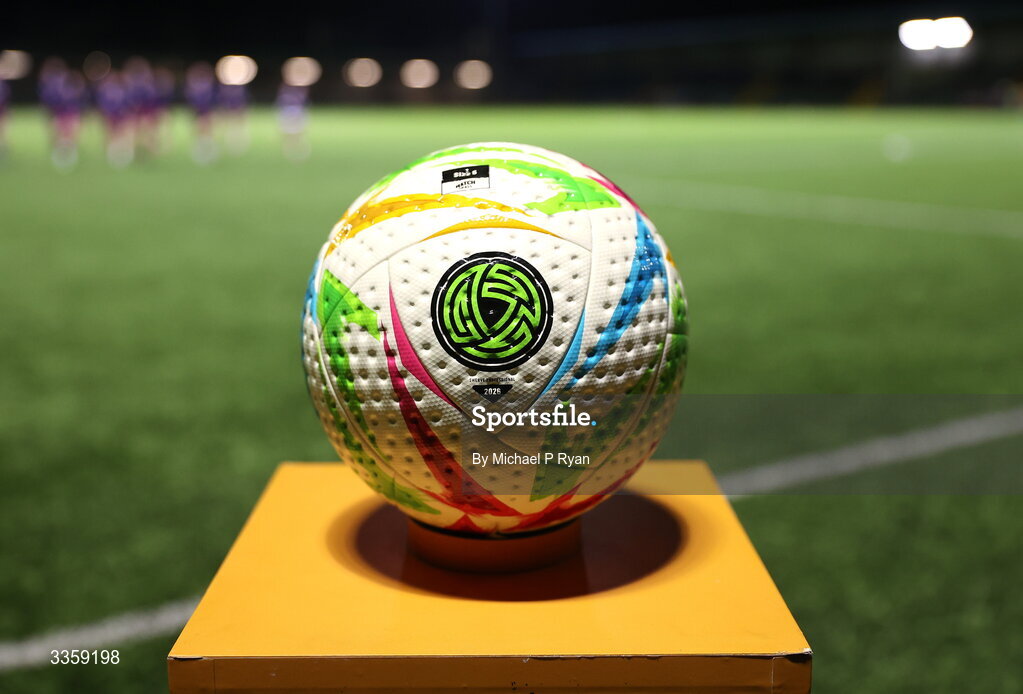13 February 2026; A general view of the match ball before the SSE Airtricity Men's First Division match between Cobh Ramblers and Wexford at St Colman's Park in Cobh, Cork. Photo by Michael P Ryan/Sportsfile