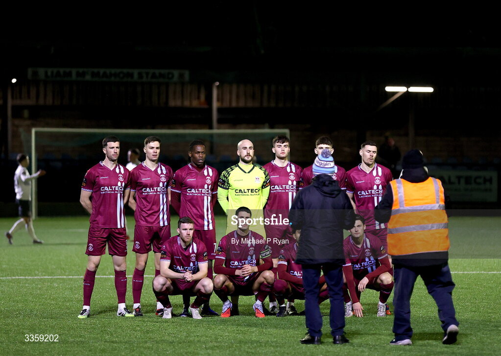 13 February 2026; Cobh Ramblers players stand for their team picture before the SSE Airtricity Men's First Division match between Cobh Ramblers and Wexford at St Colman's Park in Cobh, Cork. Photo by Michael P Ryan/Sportsfile