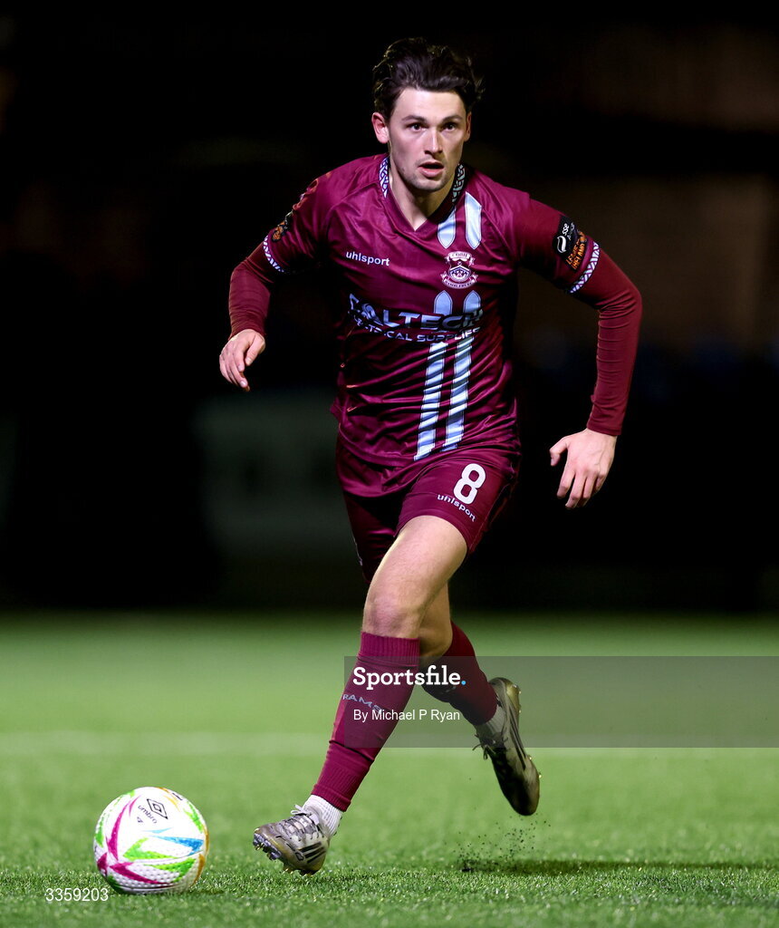 13 February 2026; Rhys Gourdie of Cobh Ramblers during the SSE Airtricity Men's First Division match between Cobh Ramblers and Wexford at St Colman's Park in Cobh, Cork. Photo by Michael P Ryan/Sportsfile