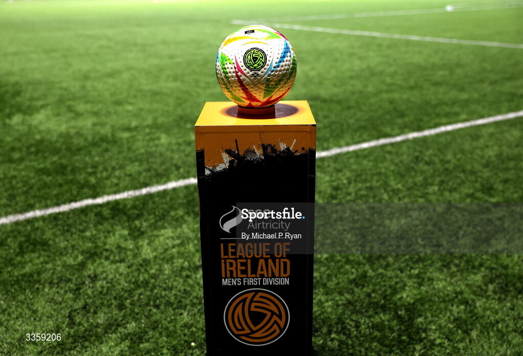 13 February 2026; A general view of of the match ball and plinth before the SSE Airtricity Men's First Division match between Cobh Ramblers and Wexford at St Colman's Park in Cobh, Cork. Photo by Michael P Ryan/Sportsfile