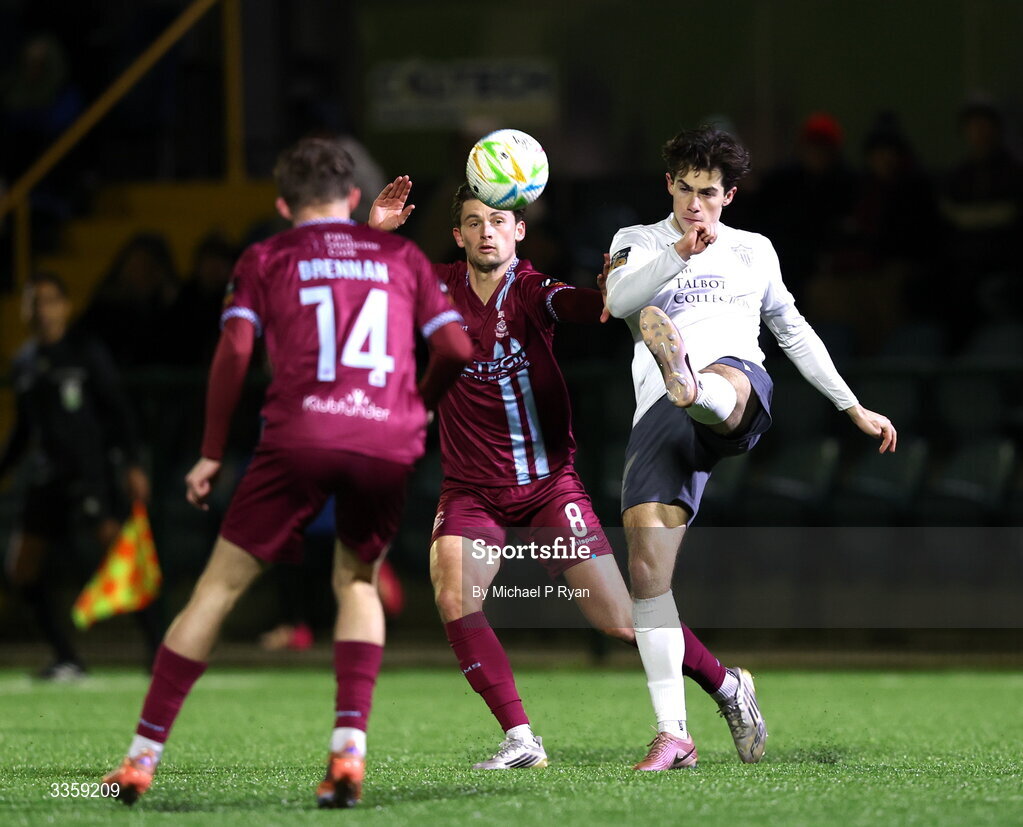 13 February 2026; Adam Verdon of Wexford in action against Rhys Gourdie of Cobh Ramblers during the SSE Airtricity Men's First Division match between Cobh Ramblers and Wexford at St Colman's Park in Cobh, Cork. Photo by Michael P Ryan/Sportsfile