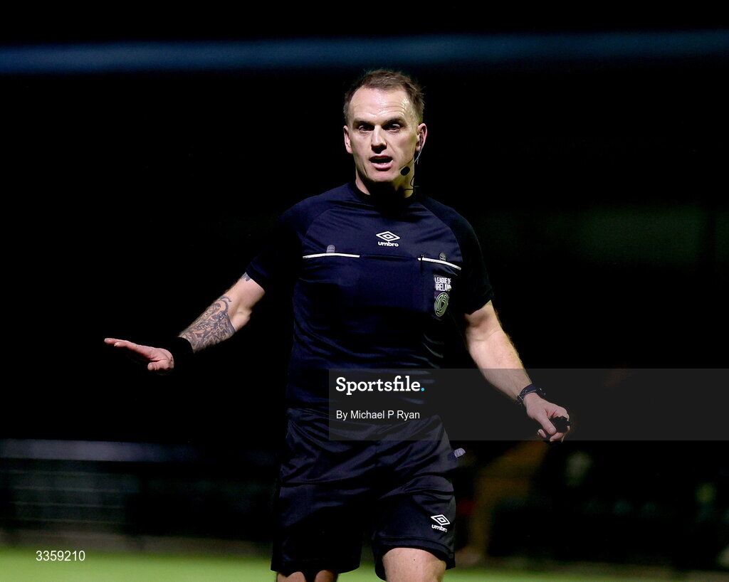13 February 2026; Referee John Sconnie Walsh during the SSE Airtricity Men's First Division match between Cobh Ramblers and Wexford at St Colman's Park in Cobh, Cork. Photo by Michael P Ryan/Sportsfile
