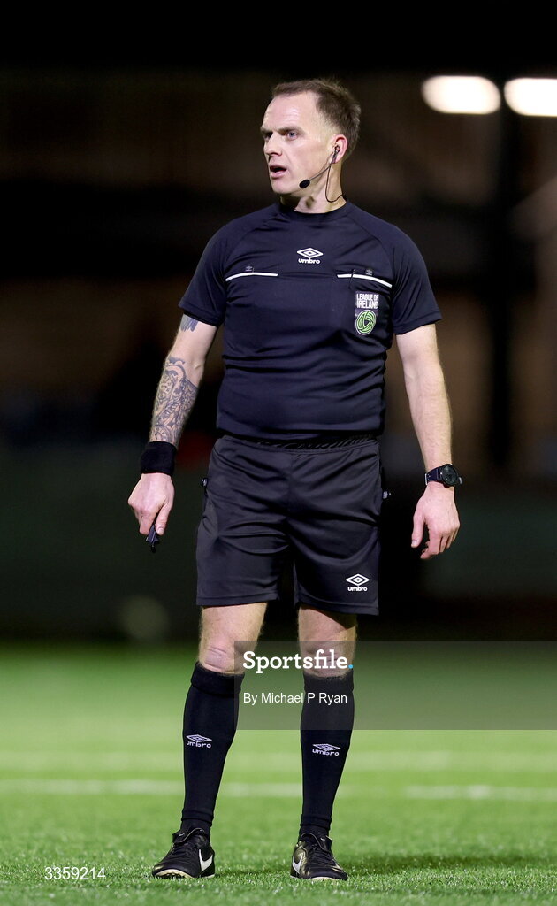 13 February 2026; Referee John Sconnie Walsh during the SSE Airtricity Men's First Division match between Cobh Ramblers and Wexford at St Colman's Park in Cobh, Cork. Photo by Michael P Ryan/Sportsfile
