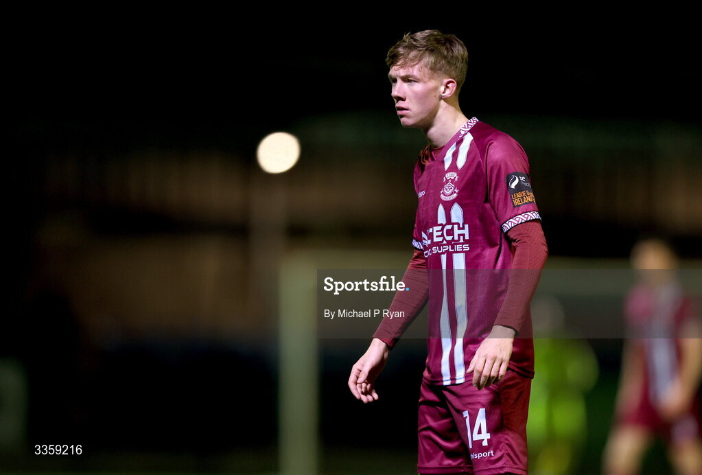 13 February 2026; Rhys Brennan of Cobh Ramblers during the SSE Airtricity Men's First Division match between Cobh Ramblers and Wexford at St Colman's Park in Cobh, Cork. Photo by Michael P Ryan/Sportsfile