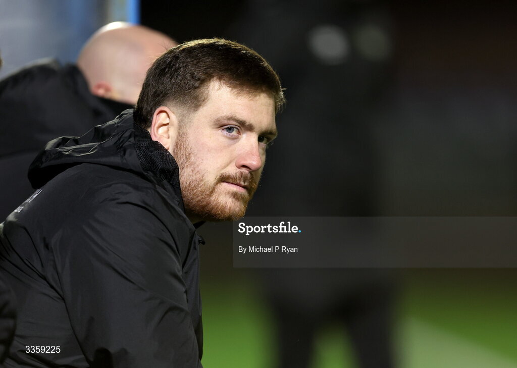 13 February 2026; Cobh Ramblers lead analyst Jay Kelly during the SSE Airtricity Men's First Division match between Cobh Ramblers and Wexford at St Colman's Park in Cobh, Cork. Photo by Michael P Ryan/Sportsfile