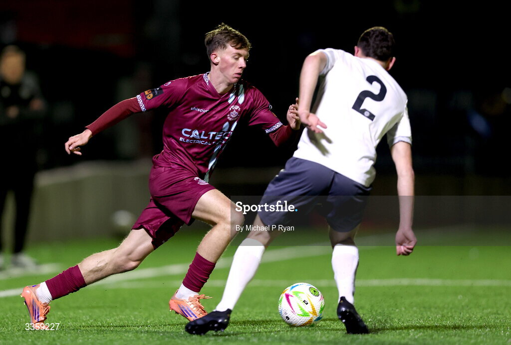13 February 2026; Rhys Brennan of Cobh Ramblers in action against Max Murphy of Wexford during the SSE Airtricity Men's First Division match between Cobh Ramblers and Wexford at St Colman's Park in Cobh, Cork. Photo by Michael P Ryan/Sportsfile