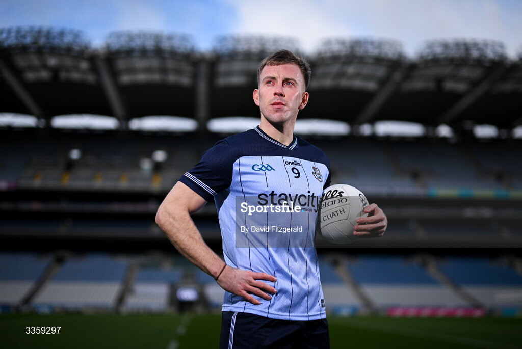 16 February 2026; Dublin footballer Seán Bugler during a Dublin GAA Doubler-Header media event at Croke Park in Dublin. Photo by David Fitzgerald/Sportsfile