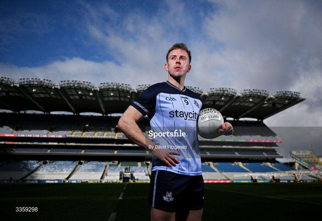 16 February 2026; Dublin footballer Seán Bugler during a Dublin GAA Doubler-Header media event at Croke Park in Dublin. Photo by David Fitzgerald/Sportsfile