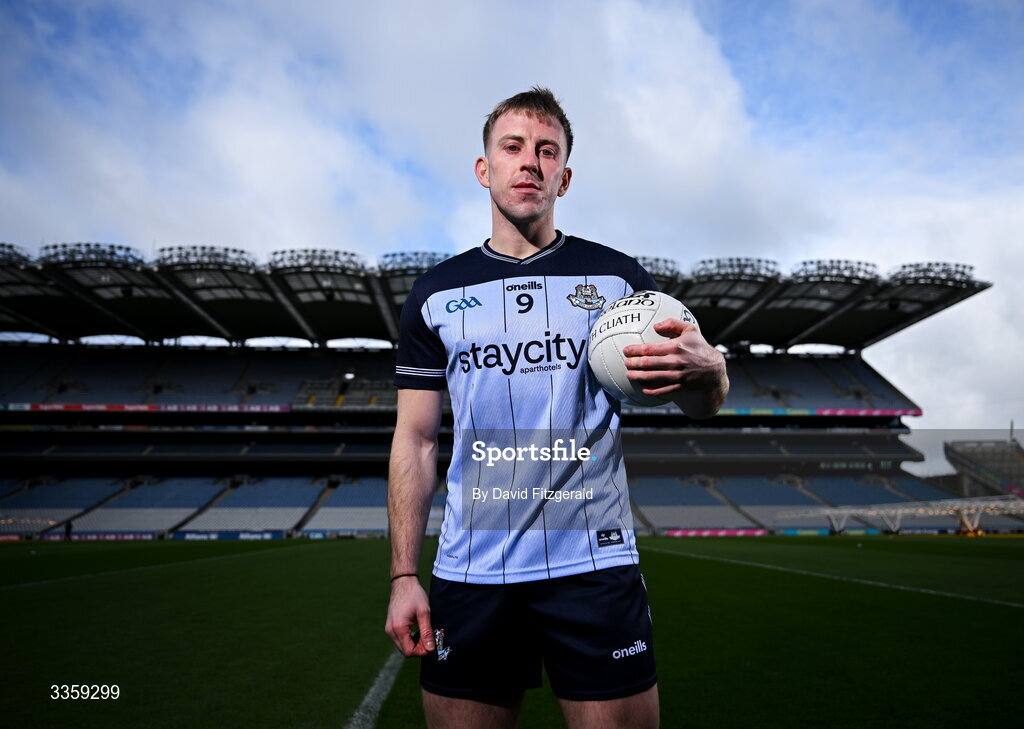16 February 2026; Dublin footballer Seán Bugler during a Dublin GAA Doubler-Header media event at Croke Park in Dublin. Photo by David Fitzgerald/Sportsfile