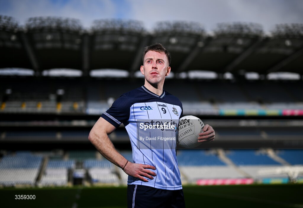 16 February 2026; Dublin footballer Seán Bugler during a Dublin GAA Doubler-Header media event at Croke Park in Dublin. Photo by David Fitzgerald/Sportsfile