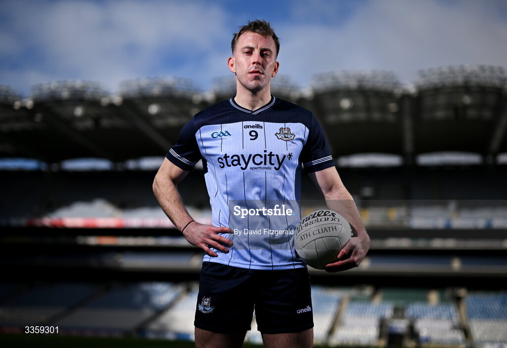16 February 2026; Dublin footballer Seán Bugler during a Dublin GAA Doubler-Header media event at Croke Park in Dublin. Photo by David Fitzgerald/Sportsfile