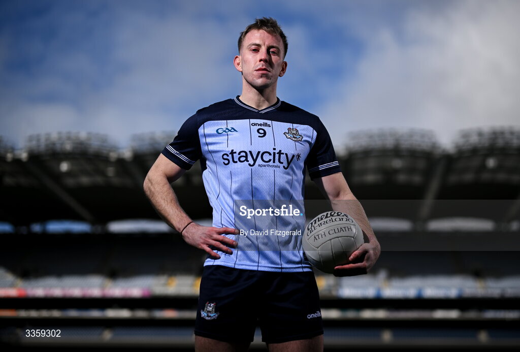 16 February 2026; Dublin footballer Seán Bugler during a Dublin GAA Doubler-Header media event at Croke Park in Dublin. Photo by David Fitzgerald/Sportsfile