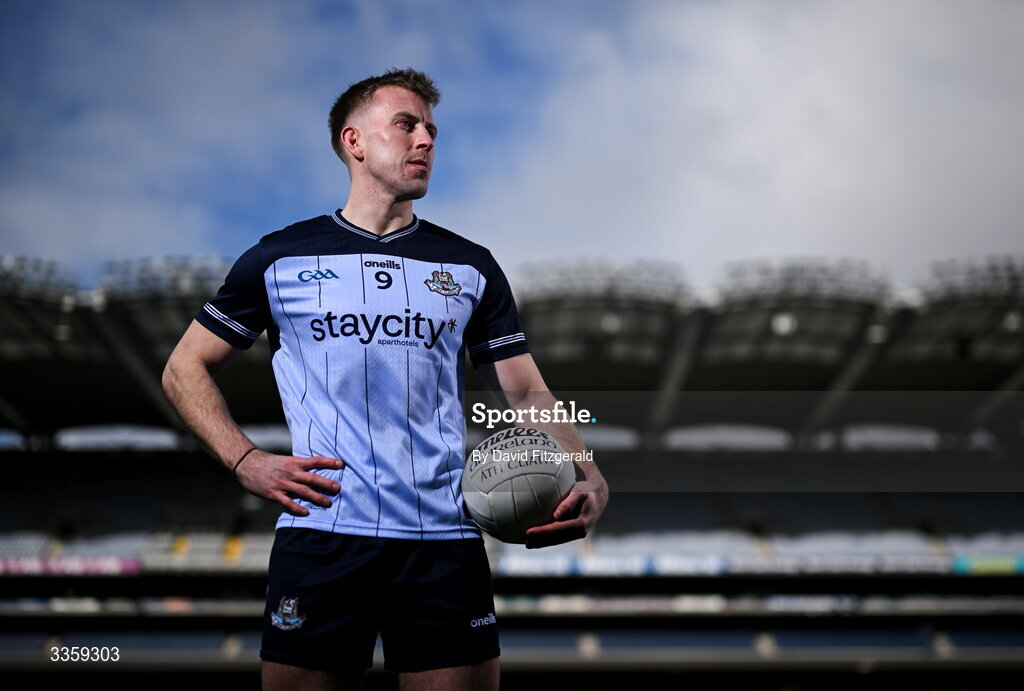 16 February 2026; Dublin footballer Seán Bugler during a Dublin GAA Doubler-Header media event at Croke Park in Dublin. Photo by David Fitzgerald/Sportsfile