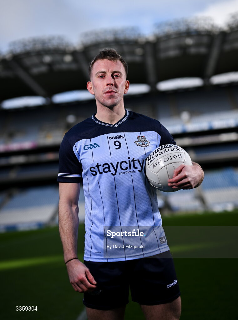16 February 2026; Dublin footballer Seán Bugler during a Dublin GAA Doubler-Header media event at Croke Park in Dublin. Photo by David Fitzgerald/Sportsfile