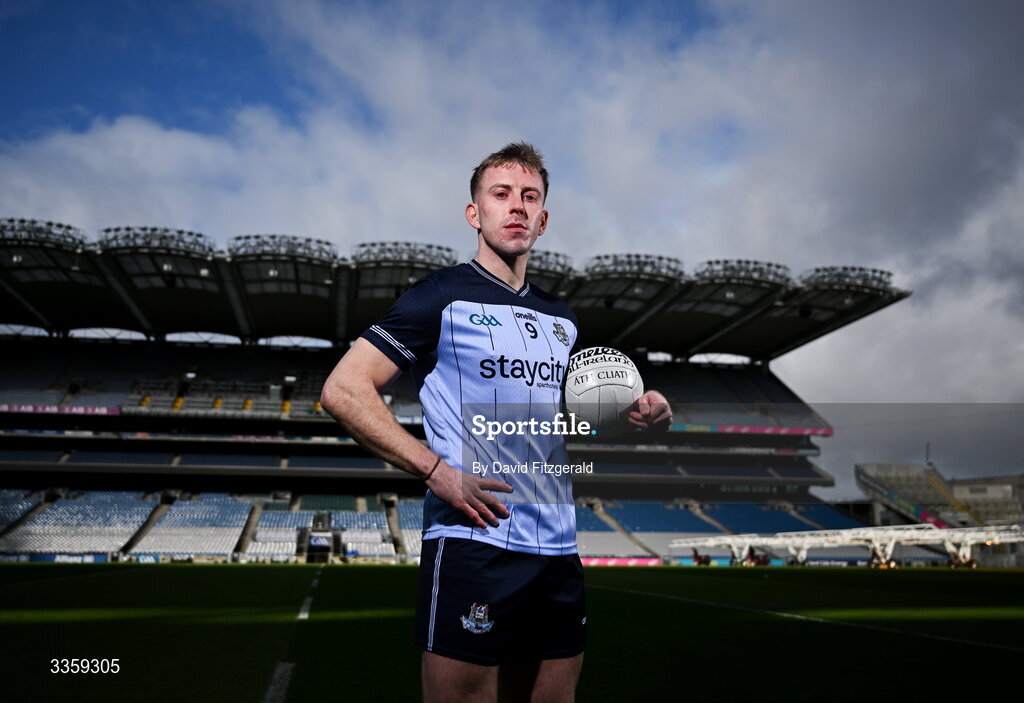 16 February 2026; Dublin footballer Seán Bugler during a Dublin GAA Doubler-Header media event at Croke Park in Dublin. Photo by David Fitzgerald/Sportsfile