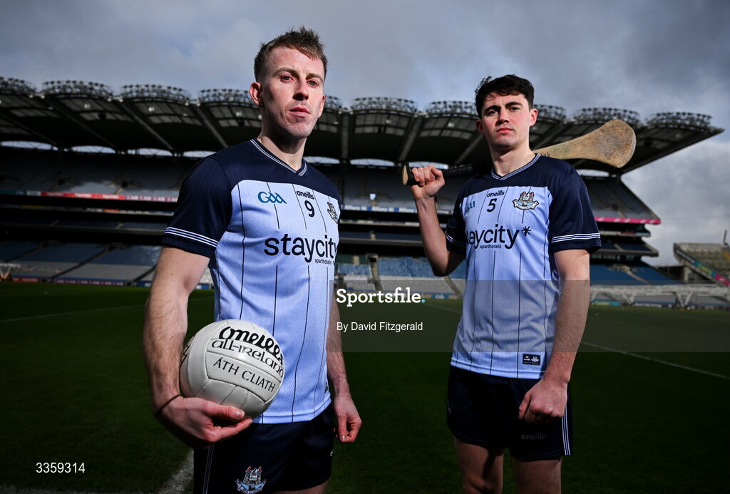 16 February 2026; Dublin footballer Seán Bugler and hurler Paddy Doyle during a Dublin GAA Doubler-Header media event at Croke Park in Dublin. Photo by David Fitzgerald/Sportsfile