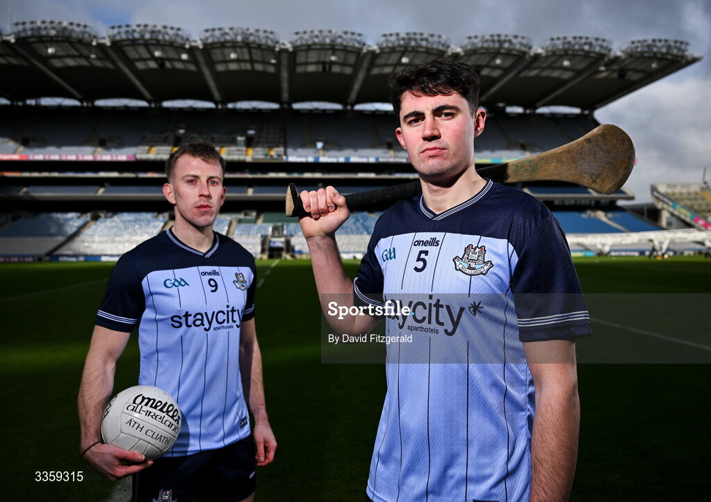 16 February 2026; Dublin footballer Seán Bugler and hurler Paddy Doyle during a Dublin GAA Doubler-Header media event at Croke Park in Dublin. Photo by David Fitzgerald/Sportsfile