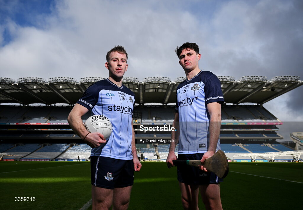16 February 2026; Dublin footballer Seán Bugler and hurler Paddy Doyle during a Dublin GAA Doubler-Header media event at Croke Park in Dublin. Photo by David Fitzgerald/Sportsfile