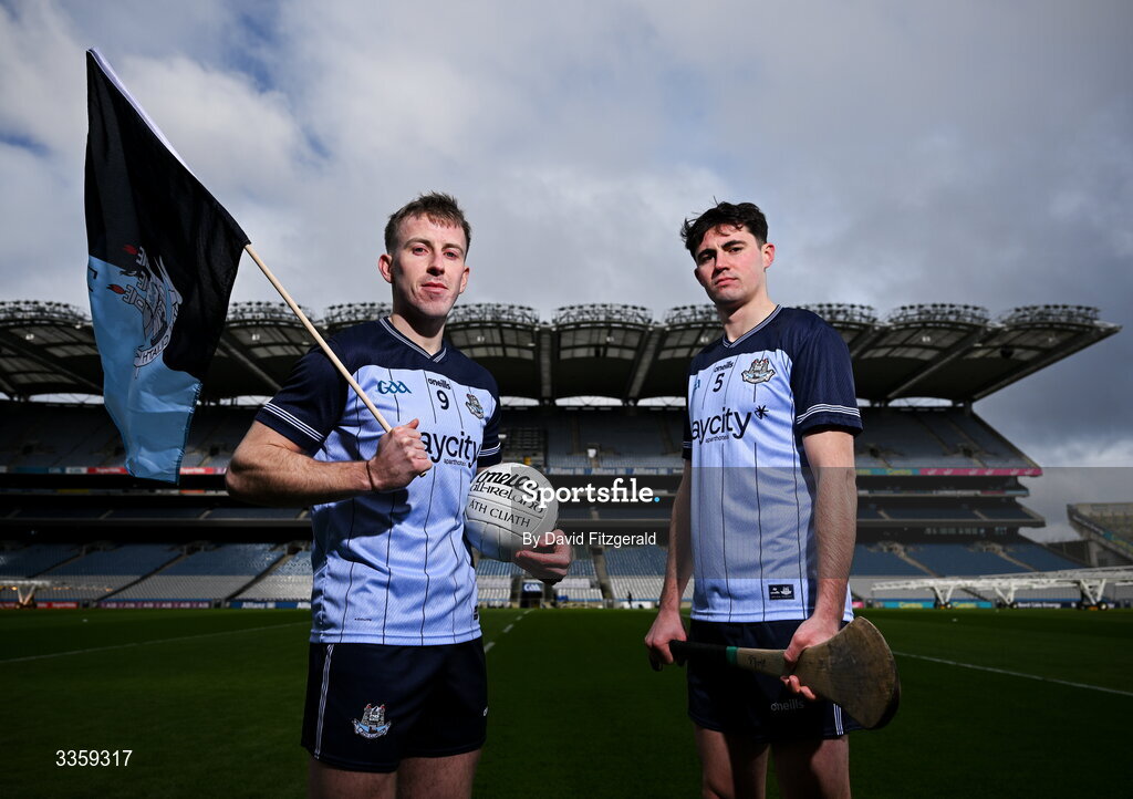 16 February 2026; Dublin footballer Seán Bugler and hurler Paddy Doyle during a Dublin GAA Doubler-Header media event at Croke Park in Dublin. Photo by David Fitzgerald/Sportsfile