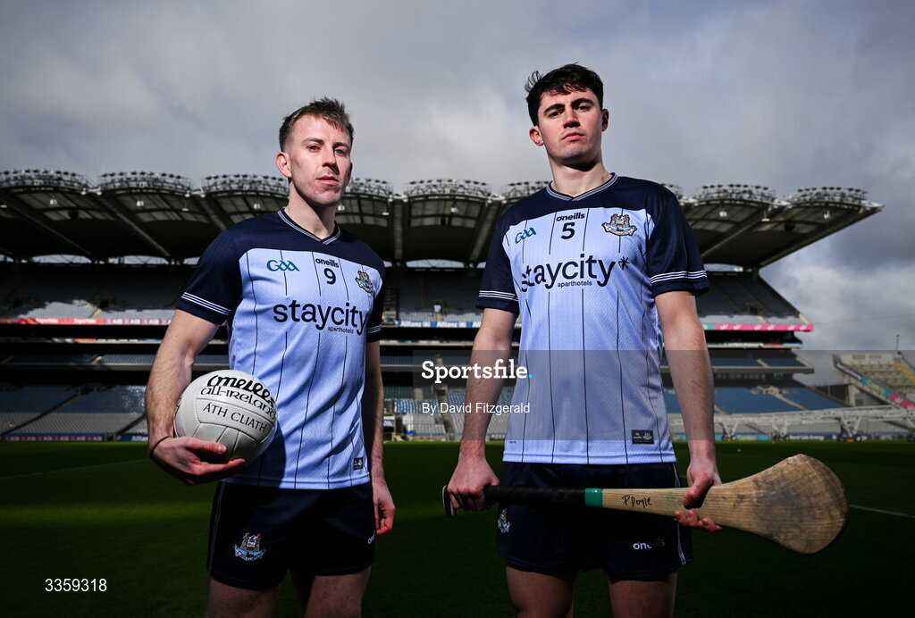16 February 2026; Dublin footballer Seán Bugler and hurler Paddy Doyle during a Dublin GAA Doubler-Header media event at Croke Park in Dublin. Photo by David Fitzgerald/Sportsfile