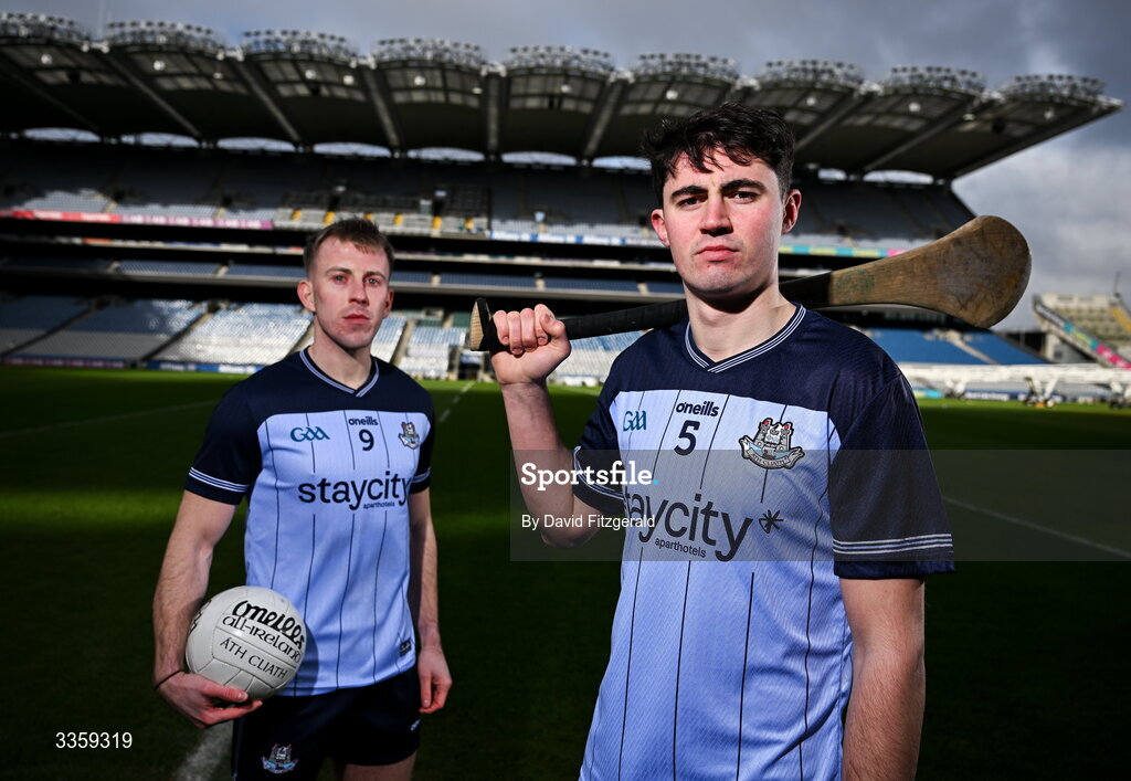 16 February 2026; Dublin footballer Seán Bugler and hurler Paddy Doyle during a Dublin GAA Doubler-Header media event at Croke Park in Dublin. Photo by David Fitzgerald/Sportsfile