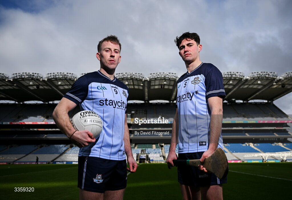 16 February 2026; Dublin footballer Seán Bugler and hurler Paddy Doyle during a Dublin GAA Doubler-Header media event at Croke Park in Dublin. Photo by David Fitzgerald/Sportsfile
