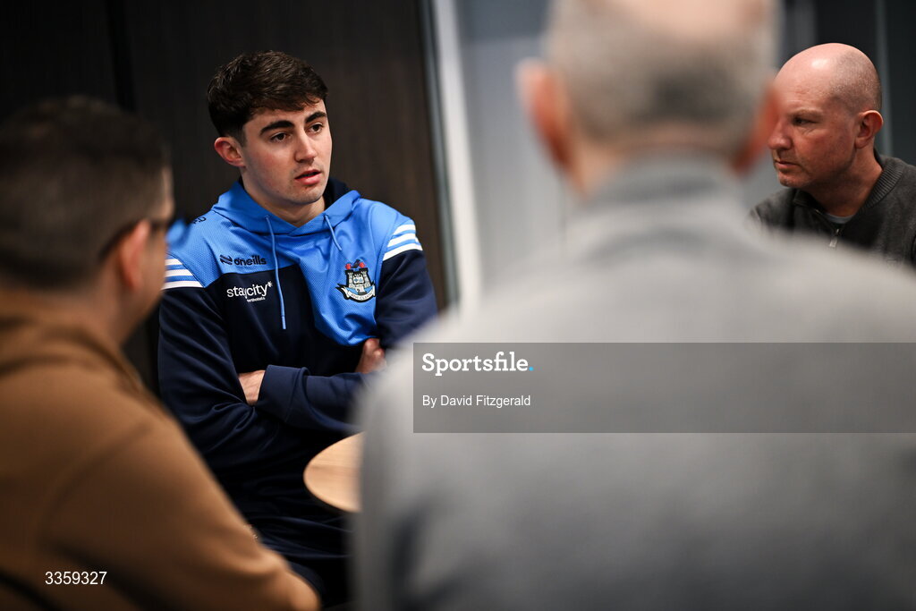 16 February 2026; Dublin hurler Paddy Doyle speaks to media during a Dublin GAA Doubler-Header media event at Croke Park in Dublin. Photo by David Fitzgerald/Sportsfile